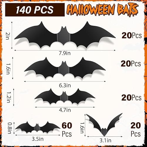 140Pcs Bats Halloween Decor, Real Scary Bat Stickers for Halloween Party | PVC 5 Sizes 3D Bats Wall Decord for Halloween Decorations Indoor Outdoor Home Bedroom Bathroom Door Window Office Kitchen thumbnail 3