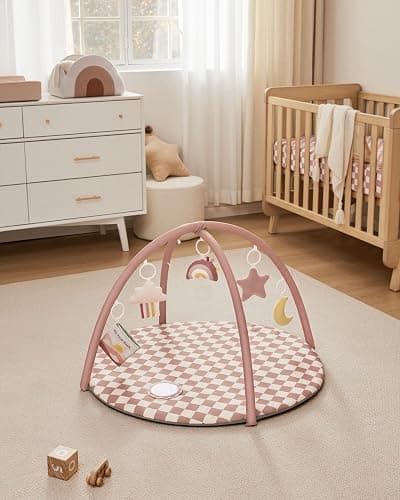 Blissful Diary Baby Play Gym Mat, Play Mat Activity Mat with 6 Detachable Toys for Stage-Based Sensory & Motor Skill Development, Easy to Install & Clean, Baby Essentials Gift, Blush Checkered thumbnail 2