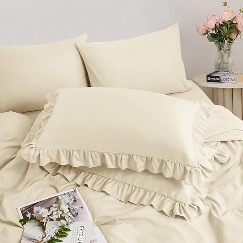 Horbaunal 5 Pcs Cream Ruffle Duvet Cover Full Size Soft Microfiber Shabby Chic Ruffled Duvet Cover Set, Vintage French Country Ruffle Bedding Set with Zipper Closure & Corner Ties, 80" x 90" thumbnail 5