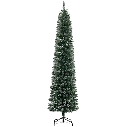 HOMCOM 7.5FT Artificial Snow Dipped Christmas Tree, Xmas Pencil Tree, Holiday Home Indoor Decoration with Foldable Black Stand for Party, Green - Image 1