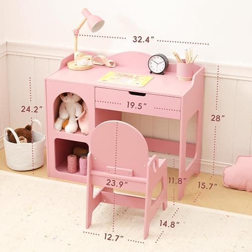 OOOK Kids Study Table and Chair Set, Wooden Kids Desk and Chair Set, Toddler Art Desk with Storage, Children Writing Table for 5-12 Years Old, Home School Use, Pink thumbnail 3