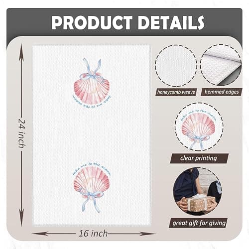Fyecoluo Pink and Blue Beach Seashell Kitchen Towels Decorative, Preppy Coastal Ocean Striped Dish Hand Tea Towels, Coastal Beach Kitchen Bathroom Decor, 16x24 Inch Set of 2 thumbnail 7