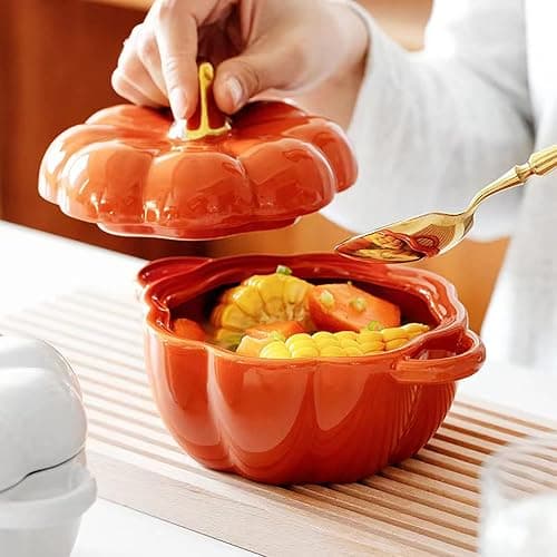 Pumpkin Bowl Set with Lid and Handle, Set of 2 Ceramic Ramekins for Baking, Casserole Dish Individual Severing Pot, Stoneware, Oven Safe, 14 Oz (Orange) thumbnail 2