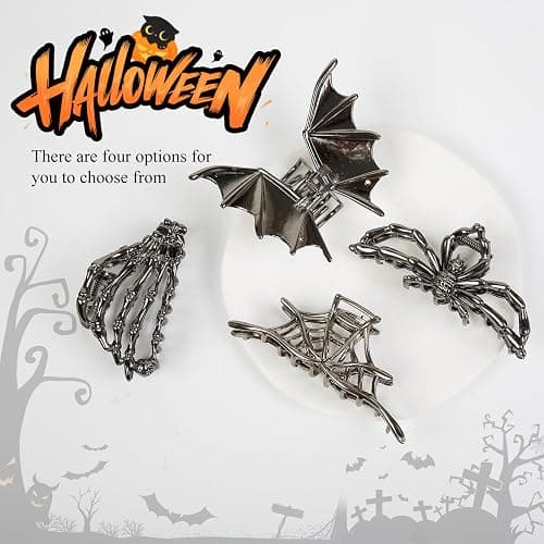 4PCS Gothic Spider Hair Clips Black Web Bat Skeleton Hand Skull Claw Clips for Women,Large Medium Size for Thick Thin Hair,Hiphop Metal Hair Accessories for Halloween Decor Party Gift thumbnail 6