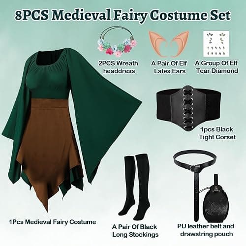 HODBLKT 8PCS Women Elf Costume Renaissance Traditional Irish Dress Fairy Costume Halloween Medieval Dress thumbnail 3