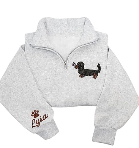 Personalized Embroidered Dachshund Quarter Zip Sweatshirt with Dog Name on Sleeve, Crewneck Sweatshirt, Wiener Dog Gift, Dachshunds Sweater for Women - Image 1