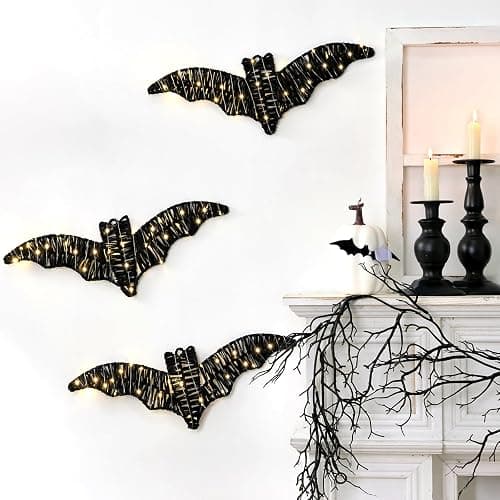 3 Pack Halloween Decorations Indoor Wall Decor with Lights & Batteries Included, Black Rattan Pre-Lit Spooky Bats Room Decor, 3D Hanging Signs for Covered Porch Home Haunted House Party thumbnail 4