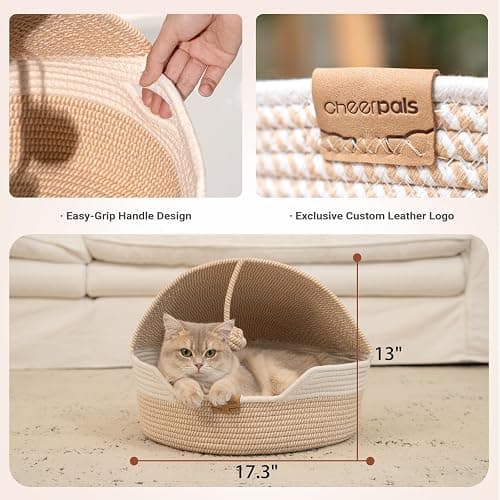 CHEERPALS Cat Basket Bed with Washable Cushion and Ball Rope Cotton, Covered Pet Bed for Indoor Cats Cave Bed Hooded, Stimulicat Cat Bed Handwoven Breathable, All Season Universal(White) thumbnail 7