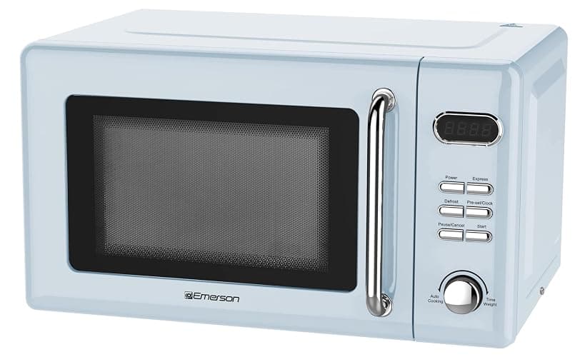 Emerson MWR7020BL Retro Compact Countertop Microwave Oven with Button Control, LED Display, 700W 5 Power Levels, 8 Auto Menus, Glass Turntable and Child Safe Lock, 0.7, Thunderbird Blue thumbnail 4