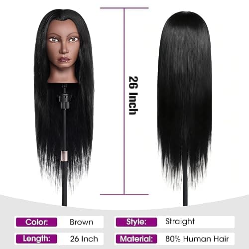 Mannequin Head Human Hair, 26" Cosmetology Mannequin Head with 80% Human Hair, Doll Head for Hair Styling with Clamp Holder and Tools (Black) thumbnail 4