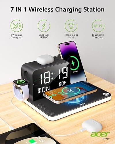 acer 7-in-1 Wireless Charging Station: Charger Stand for Multiple Devices for Apple - iPhone 16 15 14 13 12 Pro Max Apple Watch Airpods, Wireless Charger iPhone Charging Station with Bluetooth TimeSyn thumbnail 2