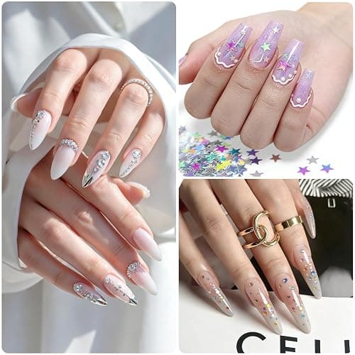 4200pcs Nail Rhinestones, 6 Sizes Silver AB Nail Gems, 6 Colors Mixed Rhinestones, 6 Styles of Sequins, Including 15ml B-7000 Glue, Pick-Up Tweezers & Dotting Pen thumbnail 3