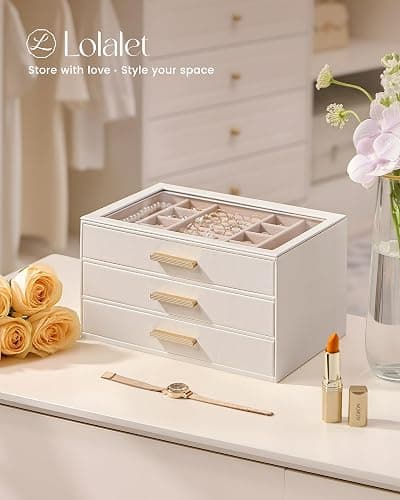 Lolalet Jewelry Box Organizer, 3-Layer Jewelry Organizers and Storage Case with Glass Lid, Ring Earring Bracelet Necklace Holder Organizer, Birthday Christmas Gifts for Women Girls -3Layer, Beige thumbnail 6