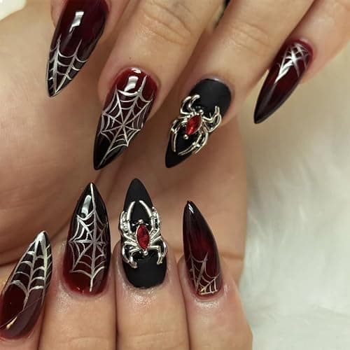 GlamRays 24 Stück Press on Nails Mittel Mandel Spinnen Charms Falscher Nagel Rot Gradient Falscher Nagel Mit Spinnennetz-Design Schwarz Matt Acryl Nagel Glänzend Kleb Nagel - Image 1