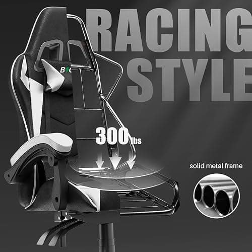 bigzzia Ergonomic Gaming Chair - Gamer Chairs with Lumbar Cushion + Headrest, Height-Adjustable Office & Computer Chair for Adults (without footrest, White) thumbnail 7