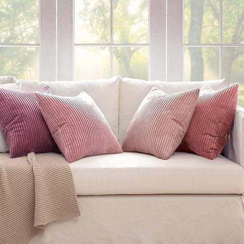 MIULEE Soft Corduroy Decorative Throw Pillow Covers Purple Pink 18x18 | Set of 4, Shabby Chic Romantic Decor, Pink Gradient Matching, Boho Farmhouse Cushion Covers for Couch Bed Sofa Living Room thumbnail 5