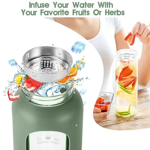 SipZest 32 oz Glass Water Bottle with Straw - Motivational Time Marker & Silicone Sleeve - Reusable Tumbler Includes 2 Bamboo Lids & Fruit Infuser - 1 Pack thumbnail 4