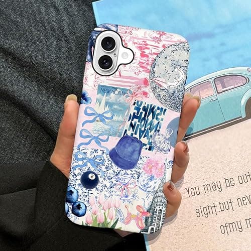 Generic Case Compatible with iPhone 16,Scratch Resistant Hybrid 2-Layer Hard Shell Phone Case,Ball Blue Bow Flower Collage Aesthetic thumbnail 5