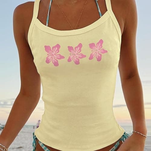 Women Floral Tank Tops Y2K Sleeveless Scoop Neck Spaghetti Strap Crop Cami Shirt Teen Girls Summer Coastal Top thumbnail 2
