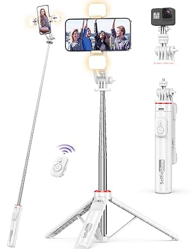 Selfie Stick Tripod with 2 Light, 3 Light Modes & 6 Brightness Levels Extendable Phone Tripod with Detachable Remote & Phone Holder, Portable Camera Tripod Compatible with iphone16 15 14 13/Android - Image 1