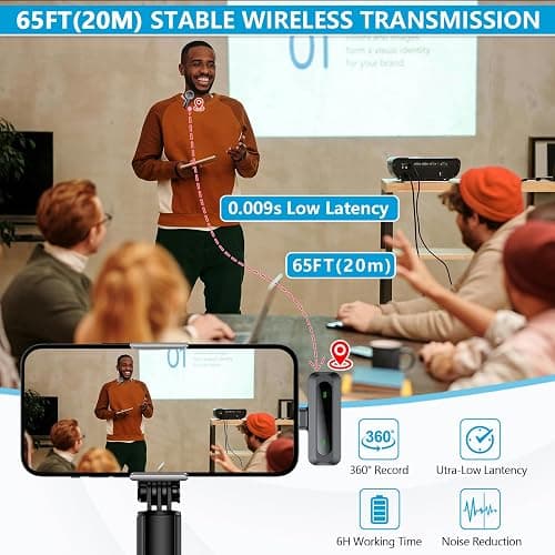 2 Pack Wireless Microphone for iPhone iPad, Phone Lapel Clip Mini Mic Vlog | Wireless Lavalier Microphone with Noise Reduction, Plug-Play Wireless Mic for Video Recording, Interview, YouTube, TikTok thumbnail 6