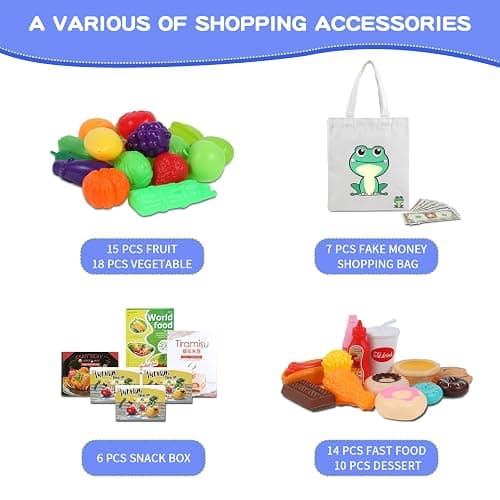 Kids Shopping Cart - 2 in 1 Toy Shopping Cart with Play Food Fruit Vegetable Dessert and Shop Accessories, 72pcs Pretend Play Grocery Store Toy Kitchen Game Trolley Play Set for Kids (Navy Blue) thumbnail 4