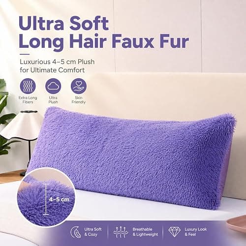Reafort Luxury Faux Fur Body Pillow Cover 21" x 54", Long Hair PV Plush Body Pillow Case with Hidden Zipper Closure, Ultra Soft Fluffy Decorative Long Pillow Cover (Lilac, Body) thumbnail 4