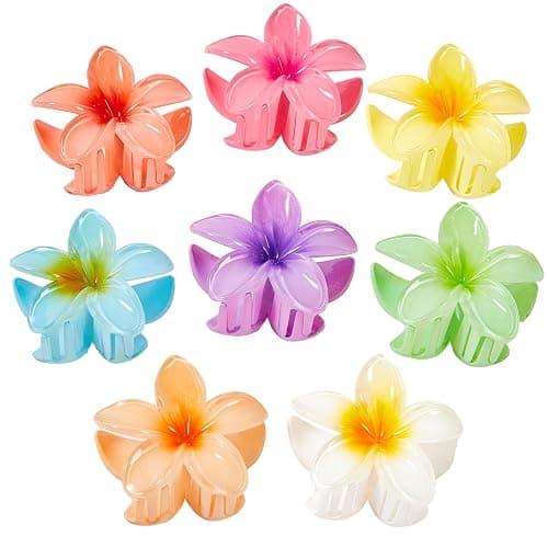 Flower Hair Claw Clips for Women, 8 Pack Hawaiian Flower Hair Clips, Plumeria Claw Clips for Thick Thin Hair, Large Strong Hold Nonslip Hawai Hair Accessories for Women Girls Gifts(Hawaiian-8 Colors) - Image 1