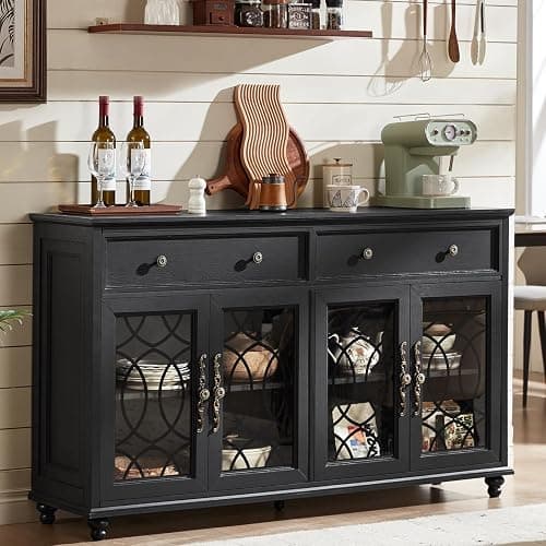 Joaxswe Farmhouse Sideboard Buffet Cabinet with Storage,59" Large Credenza with 4 Glass Doors & 2 Drawers,Adjustable Shelves Console Table,Wood Kitchen Coffee Bar for Dining Room,Living Room,Black - Image 1