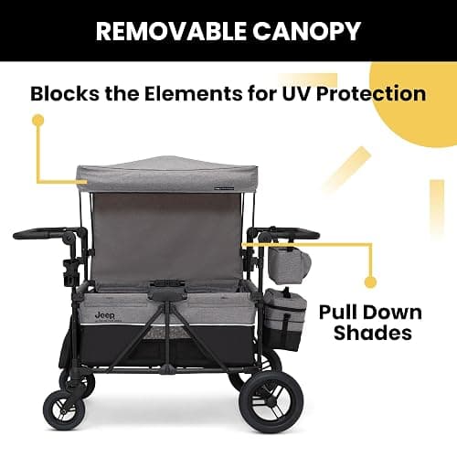 Jeep Wrangler Deluxe 4 Seater Stroller Wagon by Delta Children - Premium Quad Stroller Wagon for 4 Kids with Convertible Seats, Adjustable Push/Pull Handles, Removable Canopy & Flat Fold, Grey thumbnail 6