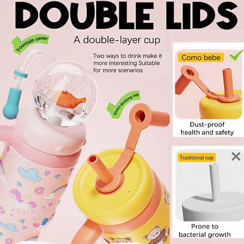 Como bebe Insulated Whale Fountain Sippy Cup, 24 oz 316 food-grade Stainless Leak-Proof Straw,Tumbler with Handle, Fits Car Cup Holders. 2 types lids for Kids, Teens & Adults V3.0 (Green dinosaur) thumbnail 5