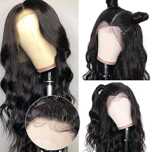 SKULD Body Wave Human Hair Wig 13x4 Lace Front Wigs, Natürliche Gewellte Welle Echthaar Perücke für Damen Schwarz, 100% Brasilianisches Echthaar Perücken mit Babyhaar 150% Dichte (45cm) thumbnail 2