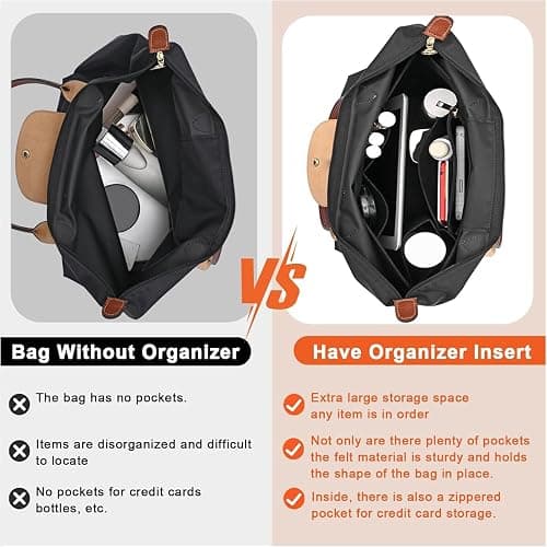 Bag Organiser for Longchamp, Black Felt Handbag Insert Organizer with Zipper, Multi-Pocket, 7 Compartments, Elegant Classic Style thumbnail 6