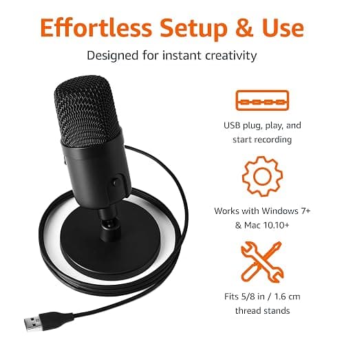 Amazon Basics USB Condenser Microphone for Streaming, Recording, and Podcasting on PC, Plug and Play, Cardioid Pickup, Adjustable Stand with 360° Rotation, 5.8 x 3.4 inches, Black thumbnail 3