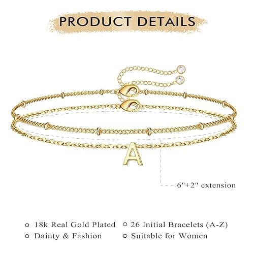 Turandoss Gold Initial Bracelets for Women, Dainty 18K Real Gold Plated Layered Letter A-Z Initial Bracelets Personalized 26 Alphabet Monogram Gold Bracelets for Women Jewelry Gifts Trendy thumbnail 6