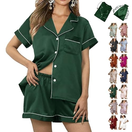 WJing Yi Jia Womens 3Pcs Floral Pajamas Sets Silk Satin Sleepwear XS~4XL Button Down Short Sleeve Shirt Pjs Loungewear thumbnail 6