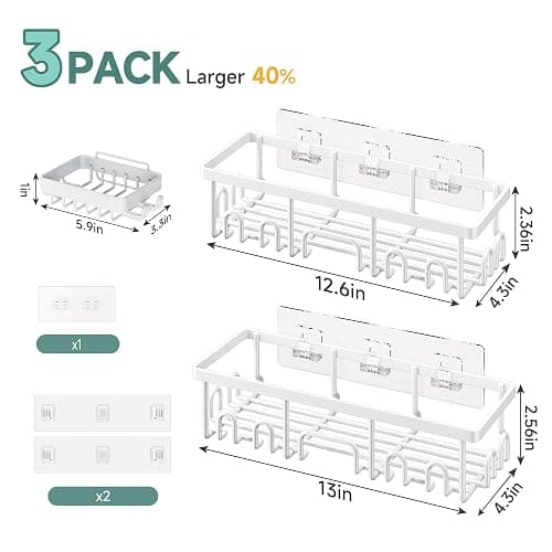 Veken Shower Caddy 3-Pack, Advanced Rustproof Design, No Drilling Adhesive Shelves, Rack with Soap Holder, Large Capacity Bathroom Organizers and Storage, Wall-Mounted Kitchen & Home Decor, White thumbnail 2