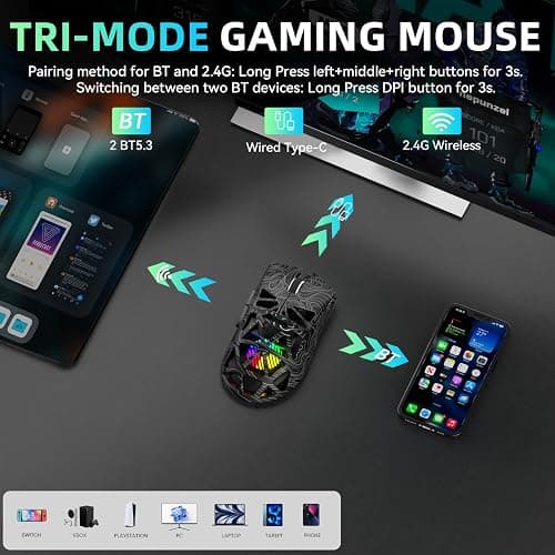 AULA SC620 Gaming Mouse Wireless,BT5.0/2.4G/USB-C Gamer Mice,PAW3311 Sensor,Up to 12000DPI,7 Programmable Buttons,67g Lightweight,400mAh Battery,RGB,Rechargeable Mouse for Laptop/PC/Mac (Black-L) thumbnail 3