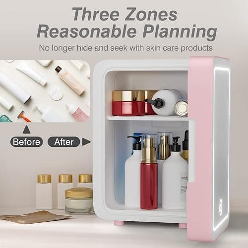 Easy-Take Skincare Fridge - Mini Fridge with Dimmable LED Mirror (4 Liter/6 Can), Cooler and Warmer, for Skincare and Food, Mini Fridge for Bedroom, Office and Car, Pink - Pink thumbnail 2