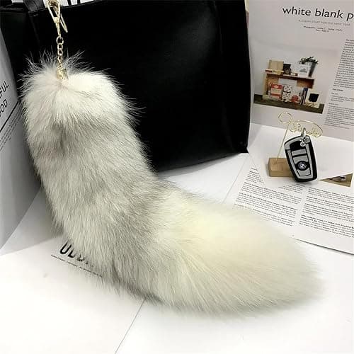 ASkinds Fluffy Fox Tail Fur Keychain Cosplay Toy Party Costume Furry Wolf Tails Handbag Accessory Key Chain Ring Hook for Women(White+Black) thumbnail 7