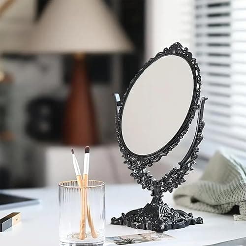SUNLOREN Vintage Black Tabletop Makeup Mirror, Ornate Antique Oval Swivel Vanity Mirror with Floral Carved Frame, Freestanding Decorative Dresser Mirror for Bedroom Bathroom Decor thumbnail 2