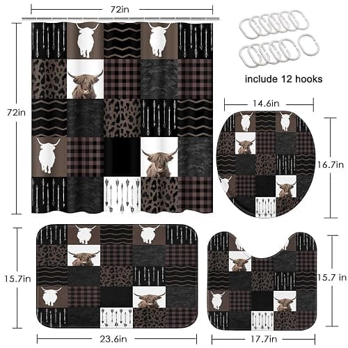 Tayney Highland Cow Farm Brown Black Checked Shower Curtain Set with Toilet Lid Cover and Non-Slip Rugs, 4 Pcs Shower Curtain with 12 Hooks, Farmhouse Bathroom Set with Rugs and Accessories thumbnail 2