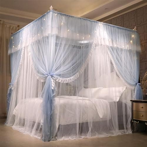 VETHIN 4 Corners Post Ruffle Princess Bed Canopy Curtain-Double Layer Cozy Drape Netting 4 Opening Mosquito Net for Girls Adults Bedroom Decoration (Gray/White,47" W*78" L*82" H/Twin) thumbnail 3