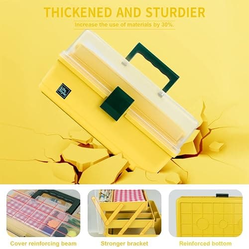 Creahaus 13 inch Art Craft Organizer Storage Box with 3 Layer, Multipurpose Plastic Tool Box with Handle for Sewing, Art Supply, Medicine, Nail, Hair Accessories (Yellow) thumbnail 4