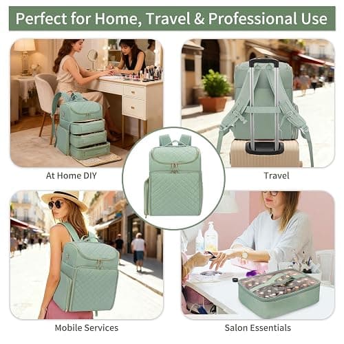 Extra Large Nail Polish Organizer Backpack, Holds 124+ Bottles & Full Size Lamp, Travel Nail Organizers and Storage Bag with 3 Removable Pouches, Portable Nail Supplies Case (Rhombus Green, 124 Slots) thumbnail 8