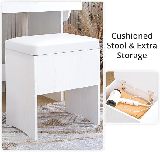 IRONCK Vanity Desk with LED Lighted Mirror & Power Outlet, Makeup Table with Drawers & Cabinet,Storage Stool, White thumbnail 8