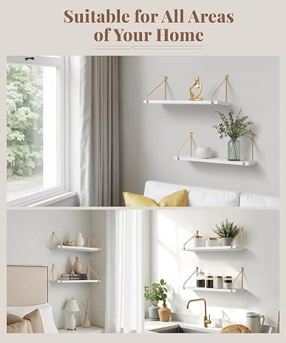 Afuly Floating Shelves for Wall, Metallic Gold White Wall Mounted Shelves, Shelves for Bathroom Kitchen Bedroom Solid Wood Metal Chic Bookshelf, Set of 2 thumbnail 5