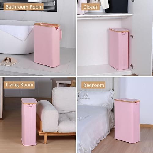 iEGrow 65L Slim Laundry Hamper, Narrow Laundry Basket with Lid,Foldable Clothes Hamper with Bamboo Handles,Hamper Basket with Removable Inner Bag for Laundry Room Bedroom College Dorm,17.17 Gals Pink thumbnail 5