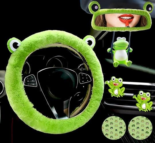 Forala 7-Pack Lovely Cartoon Frog Car Accessories Set Fluffy Wool Sheepskin Steering Wheel Cover with Cup Coasters, Soft Plush Rear Mirror Cover Accessories for Women (Green) - Image 1