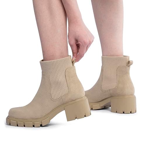 FITORY Womens Chelsea Boots, Elastic Ankle Booties with Chunky Mid Heel and Lug Sole, Comfy Trendy Slip on Shoes for Fall and Winter Size 6-11 thumbnail 4